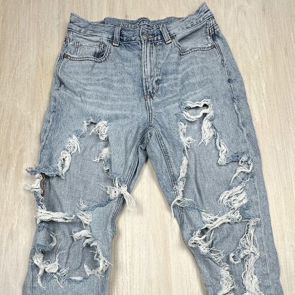 American Eagle Distressed Destroyed Blowout Mom Jean High Rise Denim Jeans 4 - Picture 2 of 16